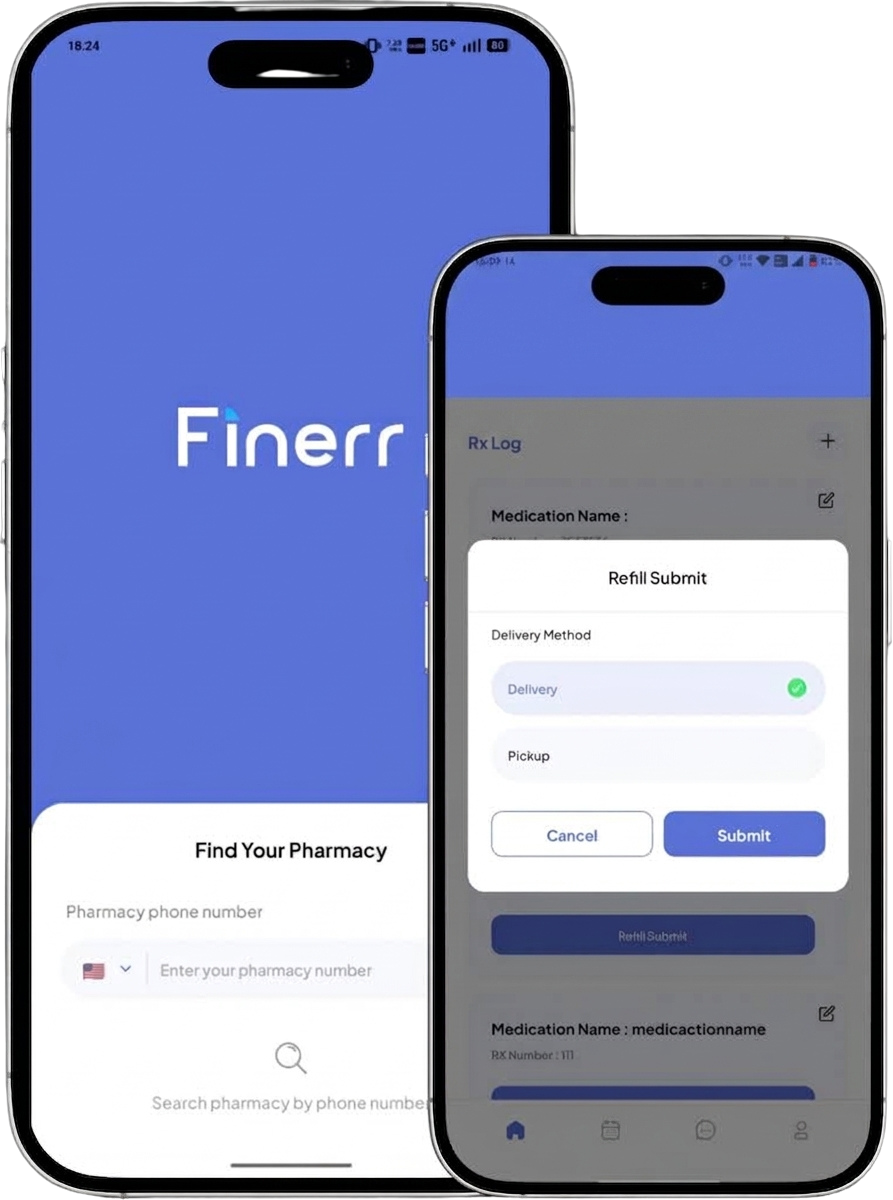 The Finerr app showing a prescription list and a refill request