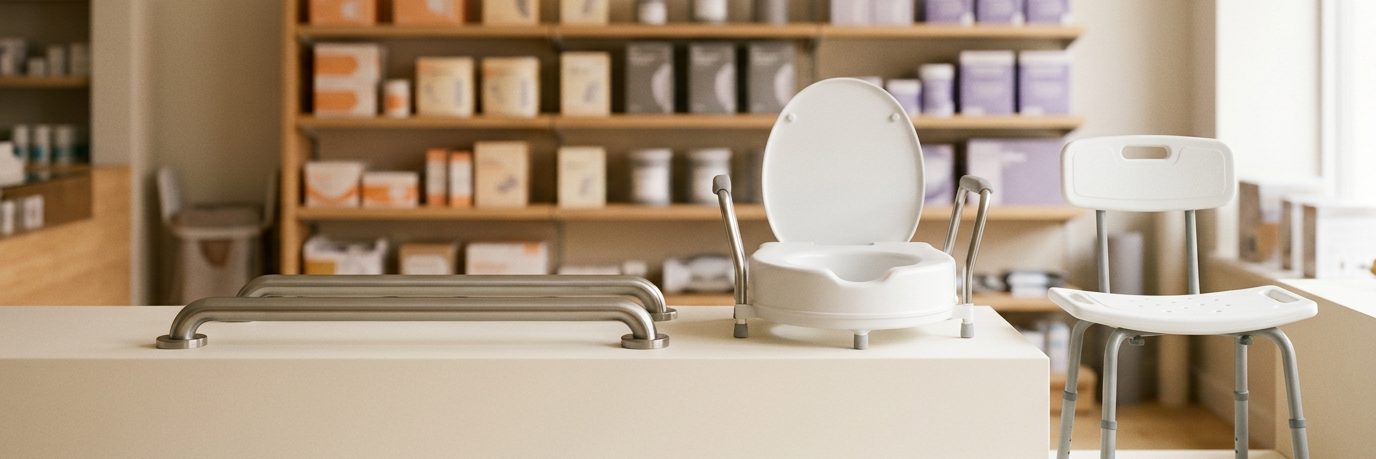 A grab bar, a shower chair and a raised toilet seat