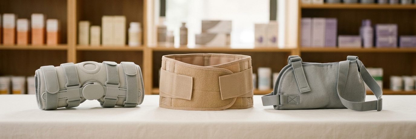 A knee brace, a lumbar support belt and an arm sling