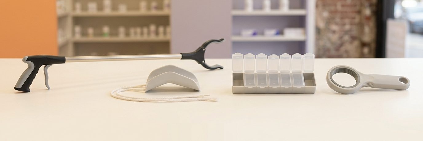 A reaching grabber, a sock aid, a pill organizer and a jar opener