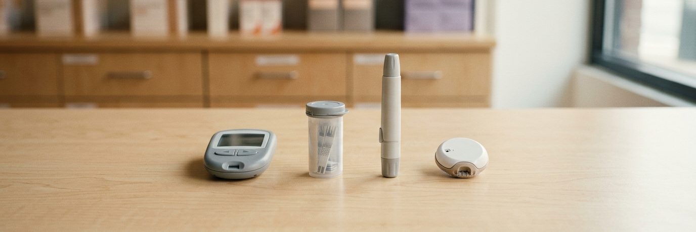 A blood glucose meter, test strips, a lancing device and a sensor