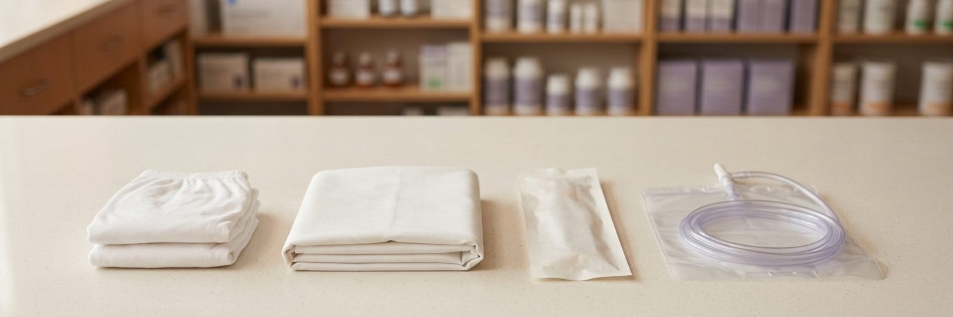 Protective underwear, a waterproof bed pad and catheter supplies