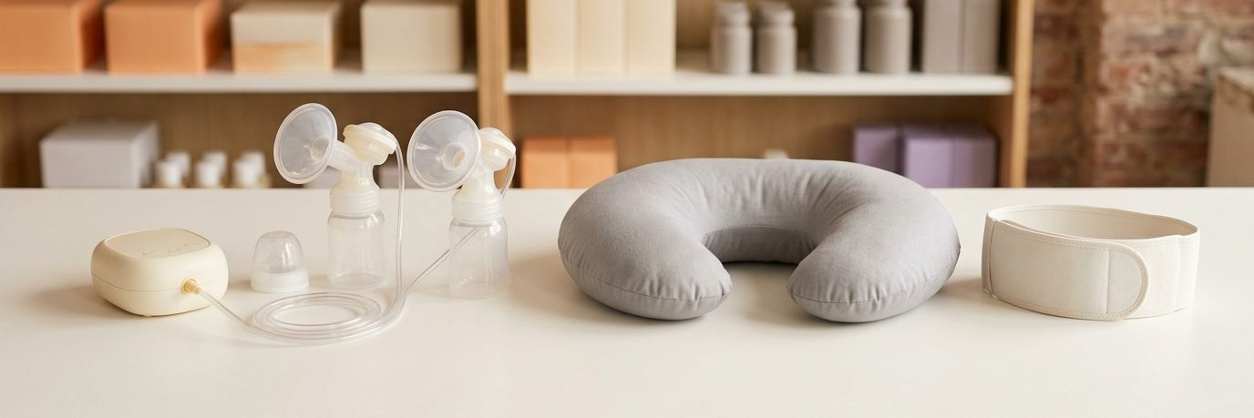 A breast pump, a nursing pillow and a maternity support belt