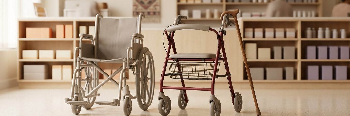A wheelchair, a rollator and a walking cane