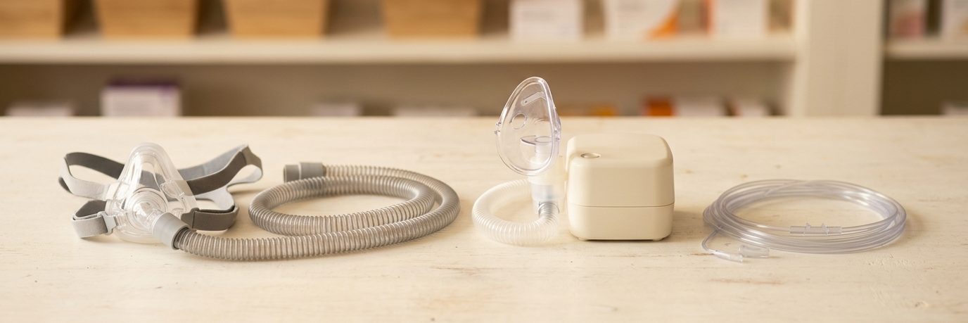 A CPAP mask with tubing and a tabletop nebulizer
