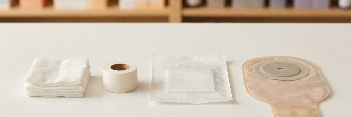 Gauze, paper tape, a sterile dressing and an ostomy pouch
