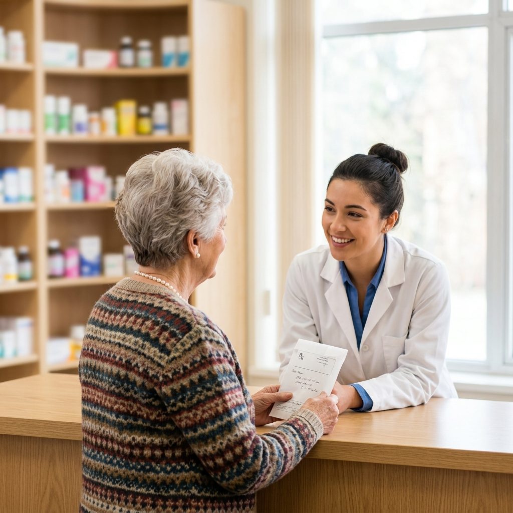 A pharmacist at the counter talking with a customer holding a prescription bag