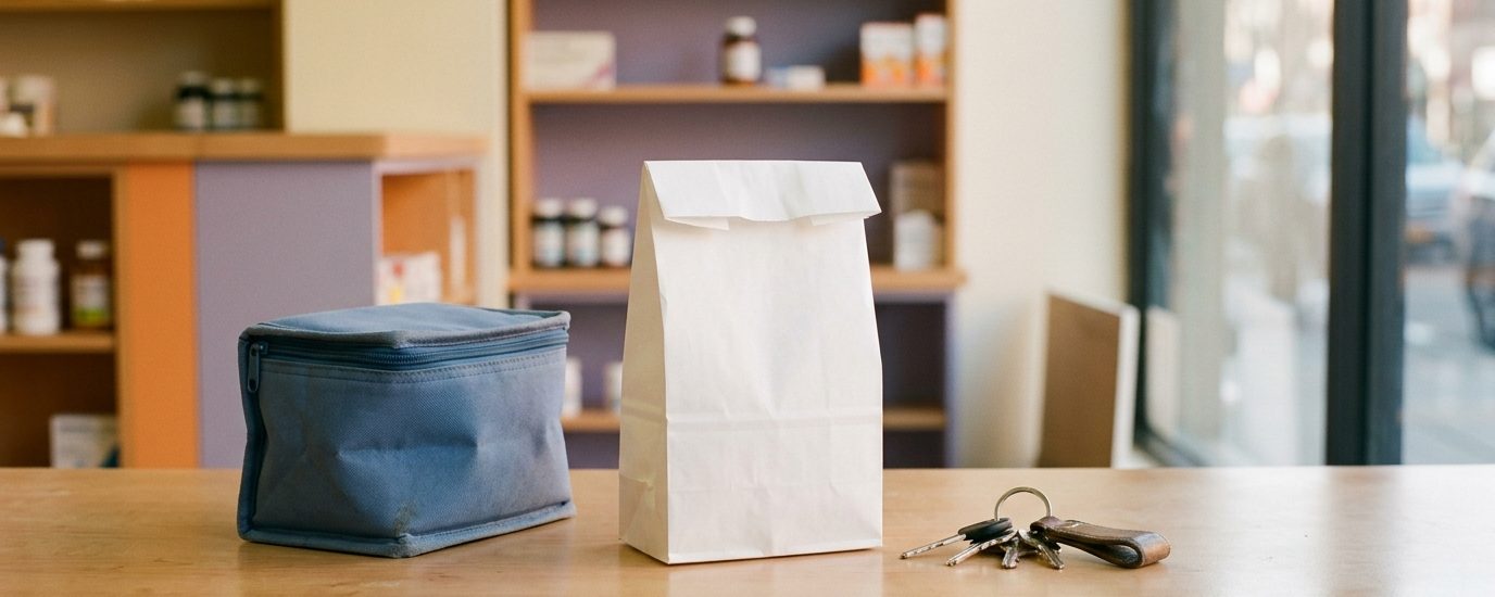 A paper pharmacy bag and an insulated delivery tote ready to go out