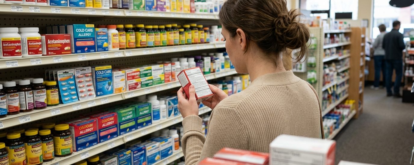 A customer looking at a box on the over-the-counter shelves