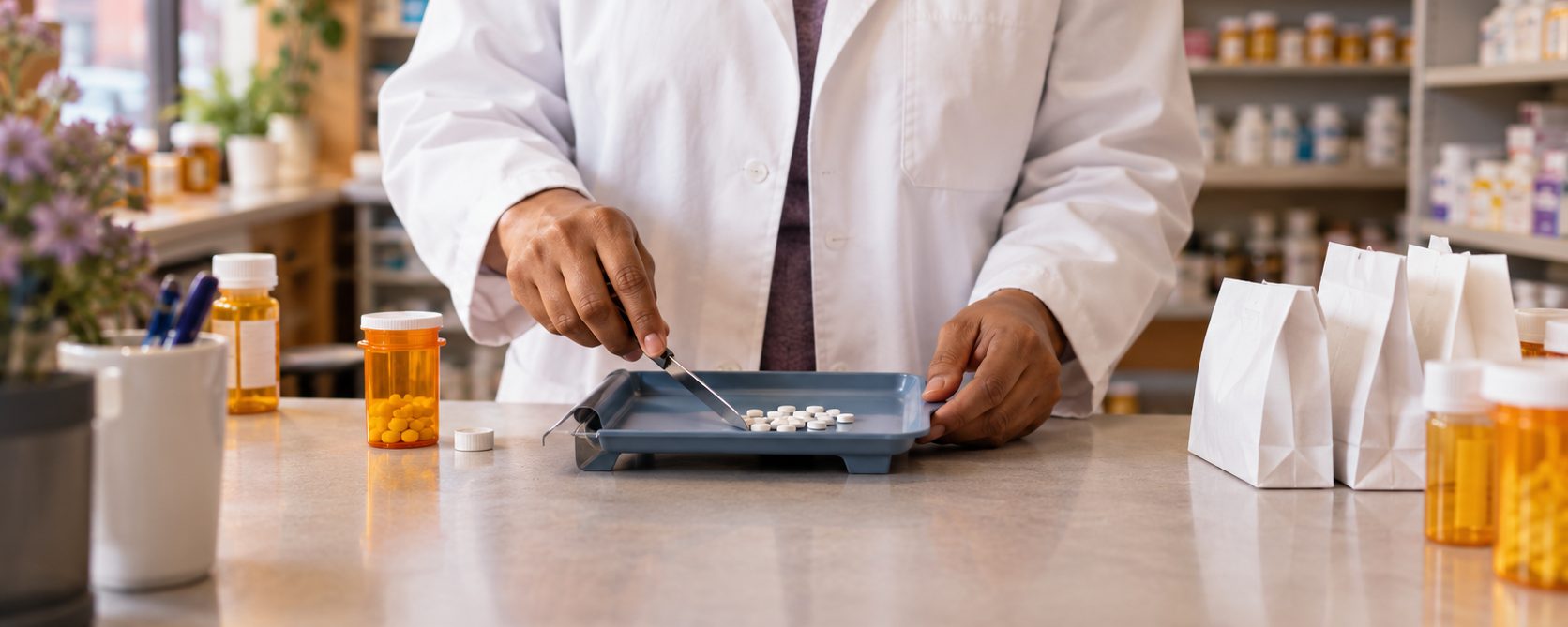 A pharmacist counting tablets on a counting tray behind the pharmacy counter