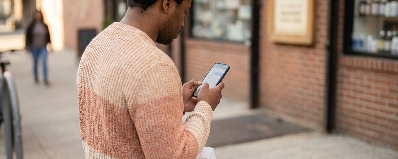 A person outside the pharmacy reading a message on their phone