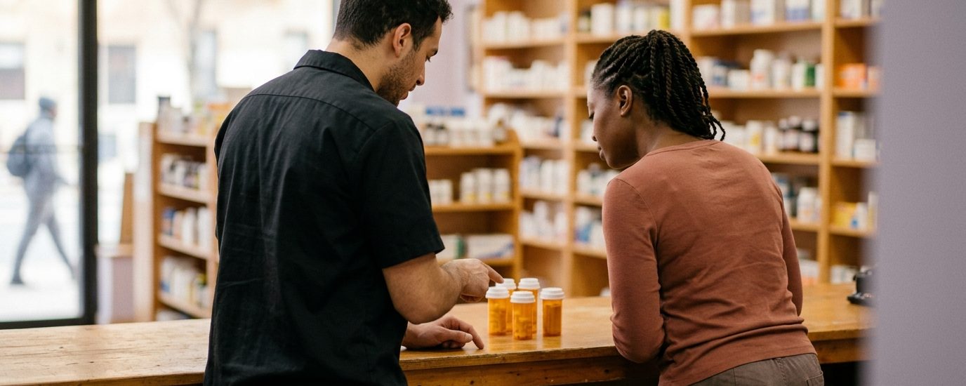 A staff member at the counter explaining a medication to a customer
