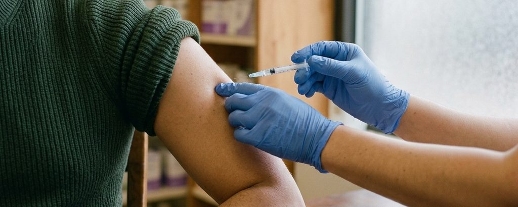 A gloved hand giving a vaccination into a rolled-up sleeve