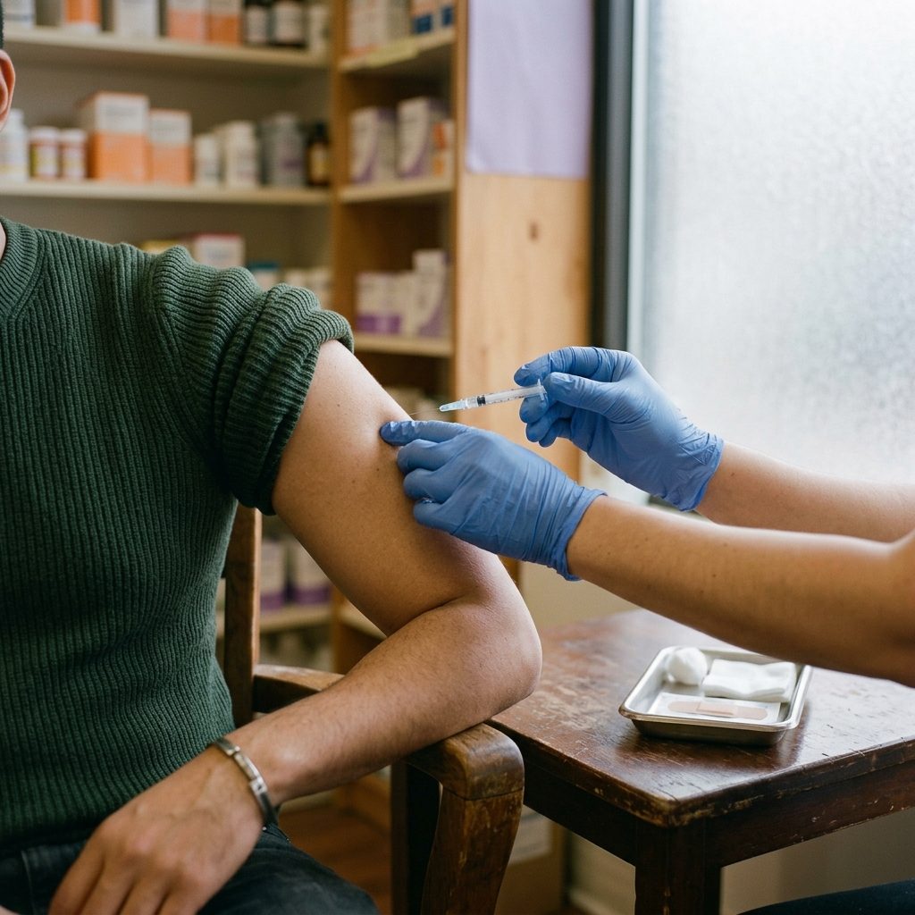 A pharmacist giving a vaccination into a customer's upper arm